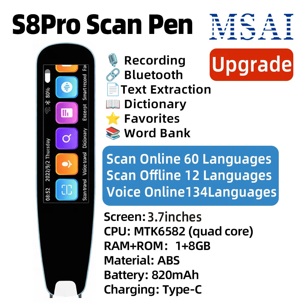 MSAI S7 S6 AI Translator Offline 60 Languages Scan Pen Scanning Voice 134 Languages Translation Dictionary Recorder for Travel