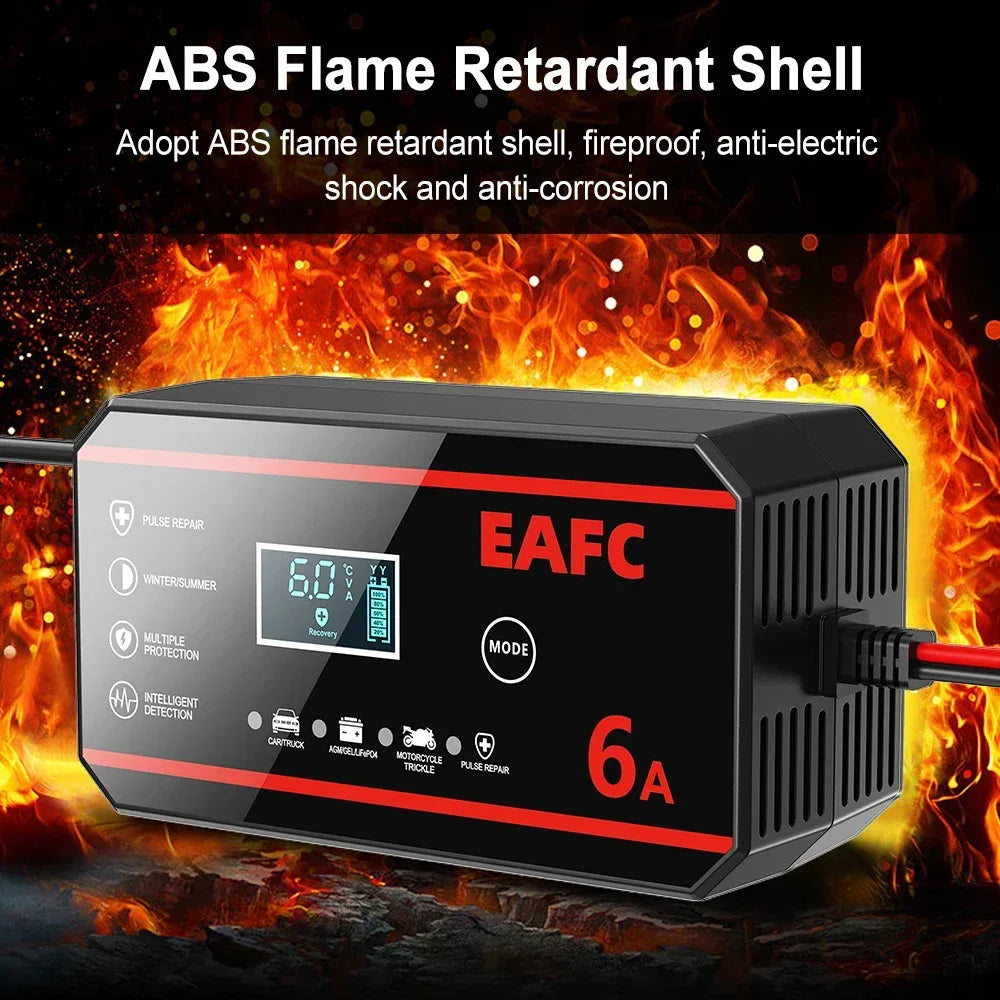EAFC Fully Automatic 12V 6A Smart Car Battery Charger Pulse Repair LCD Display for Auto Moto AGM GEL WET Lead Acid LiFePO4