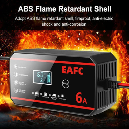 EAFC Fully Automatic 12V 6A Smart Car Battery Charger Pulse Repair LCD Display for Auto Moto AGM GEL WET Lead Acid LiFePO4