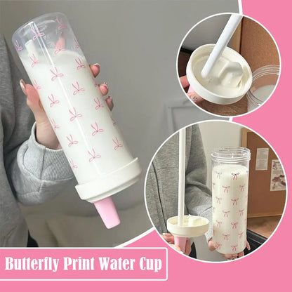 Cute Pink Bow Straw Water Bottle Fashionable Travel Safe Odorless Large-capacity Portable Water Bottle For Travel