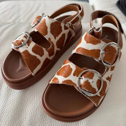 BEAUTODAY Casual Sandals Women Horseskin Animal Prints Double Buckles Straps Thick Sole Outdoor ladies Shoes Handmade 34616