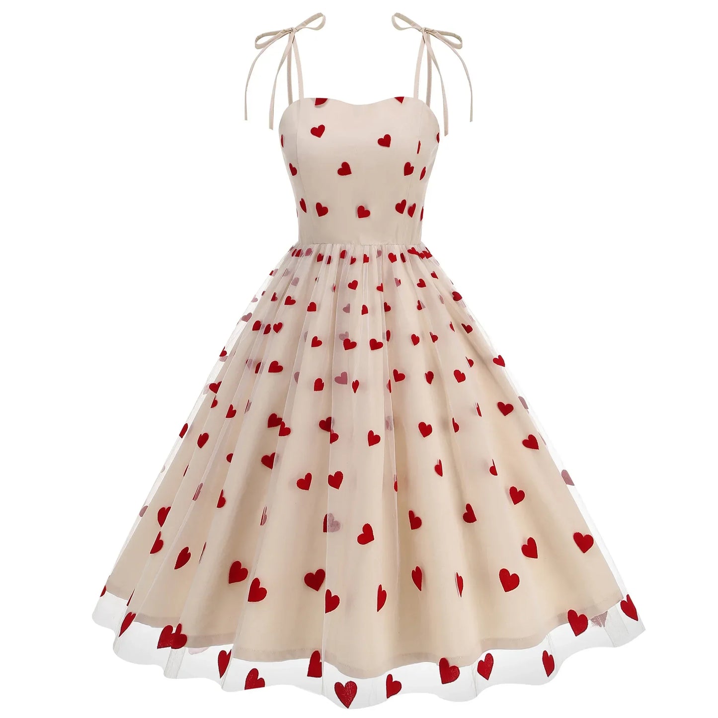Knot Strap Strawberry Patchwork Vintage Dress 2025 Heart Flocking Valentine's Day Dress Women Birthday Party Pleated Mesh Dress