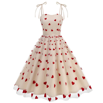 Knot Strap Strawberry Patchwork Vintage Dress 2025 Heart Flocking Valentine's Day Dress Women Birthday Party Pleated Mesh Dress