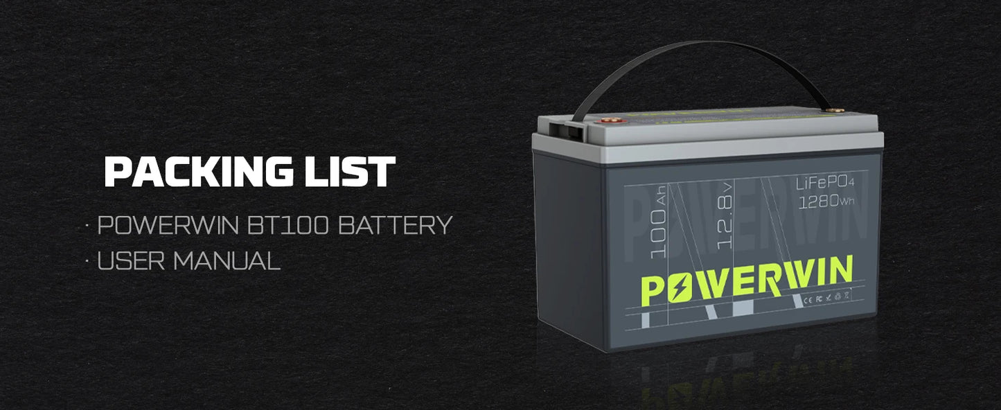 POWERWIN BT100 12.8V 100Ah 1280Wh LiFePO4 Battery 4000+Deep Cycle Rechargeable Built-in BMS Grade A Cell Solar Power Inverter