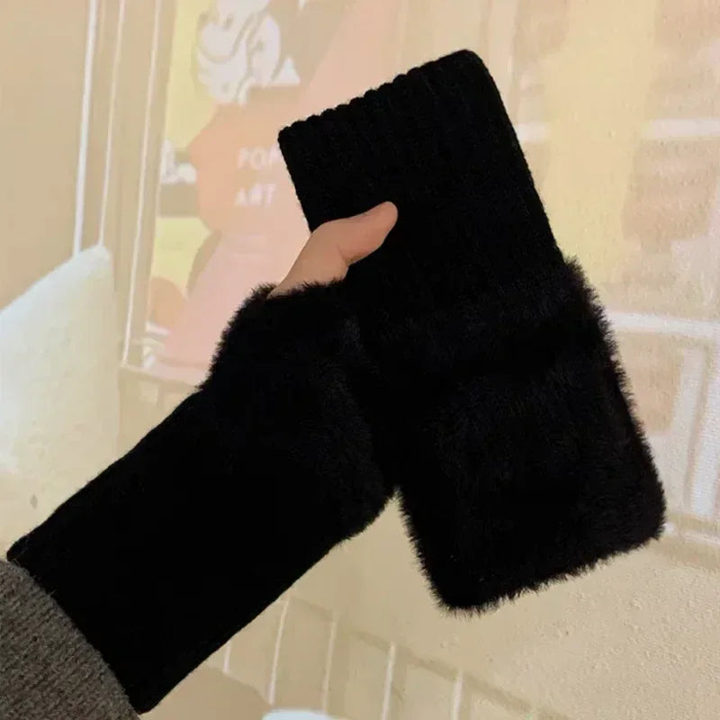 New Solid Color Plush Gloves Women in Autumn and Winter Warm Luxury Woolen Knitted Touch Screen Open Finger Half Finger Gloves