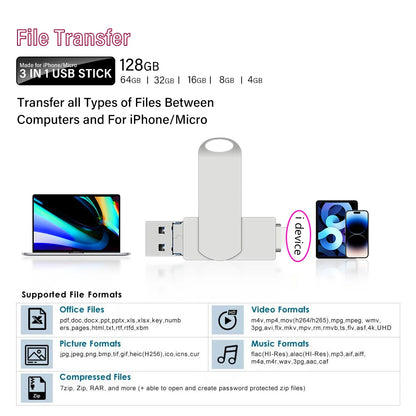 Rotate USB 3.0 Flash Drive 8GB 16GB with 3-in-1 Type-C to Lightning Interface 32GB Pendrive for iPad 11/12/13/14
