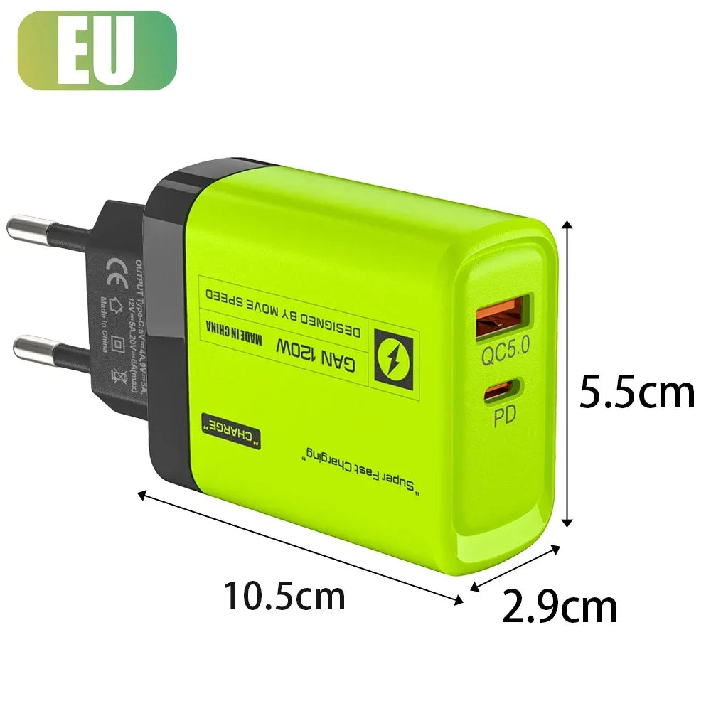 120W USB C 2Ports Charger Kit Green Wall Plug EU/US Adapter Fast Charging For iPhone iPad Samsung Xiaomi USB Type C Data Cables