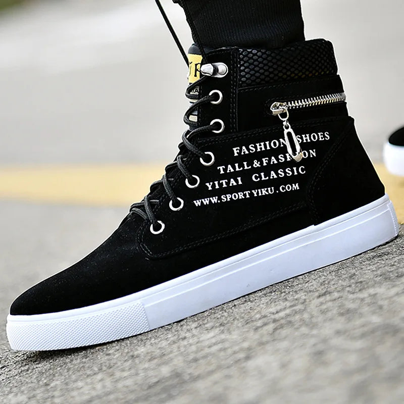 Black Vulcanized Sneakers Men's Flat Comfortable Shoes Lace up Zapatillas Hombre Autumn Spring High Top Sneakers Plus Size 38-48