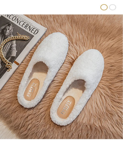 Big Size 43 Women Lambswool Slippers Winter Sheep Fur Shoes Ladies Flat Cotton Slides Home Pantuflas Daily Slip On Furry Mules