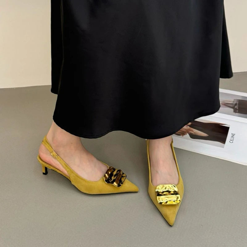 SUOJIALUN 2026 Summer New Brand Women Sandal Fashion Buckle Ladies Elegant Dress Slingback Shoes Thin High Heel Pointed Toe Pump