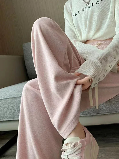 Autumn Winter Plush Pants Women  Soft Straight Tube Flared Pants High Elasticity Waist Casual Fashion Knited Woolen Pants