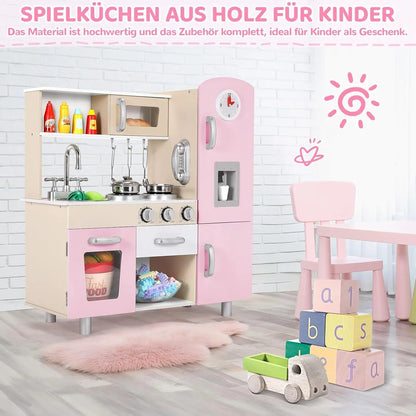 Wooden Play Kitchen Set Pretend Play Kitchen with Lights and Sounds for Kids Ages 3+, Includes Stove Oven Microwave Coffee Maker
