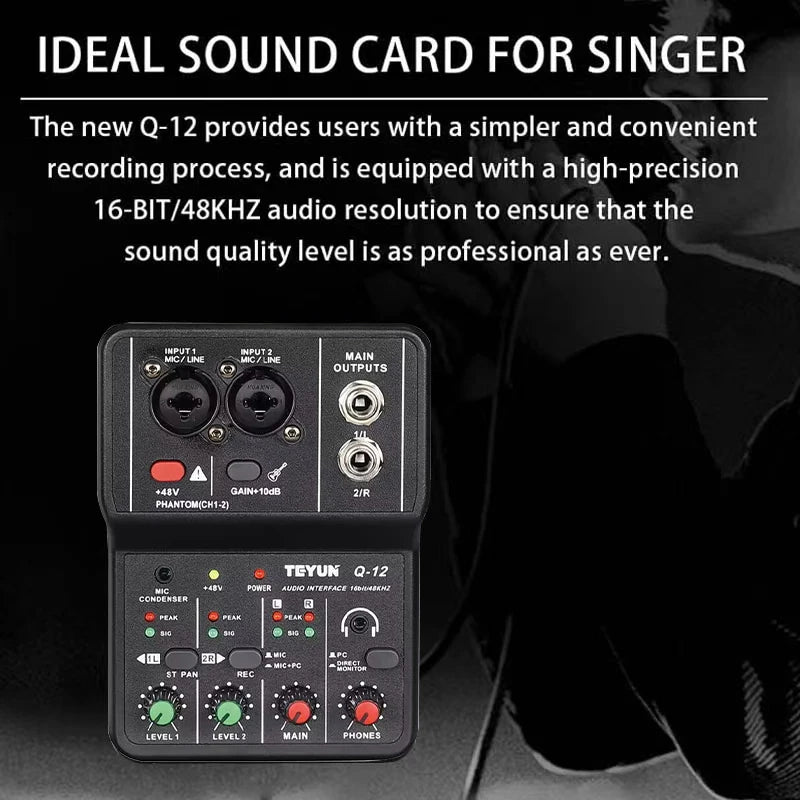 2 Channels Professional portable Audio Interface sound card console mini USB MIXER for Guitar Recording Studio Singing Q12