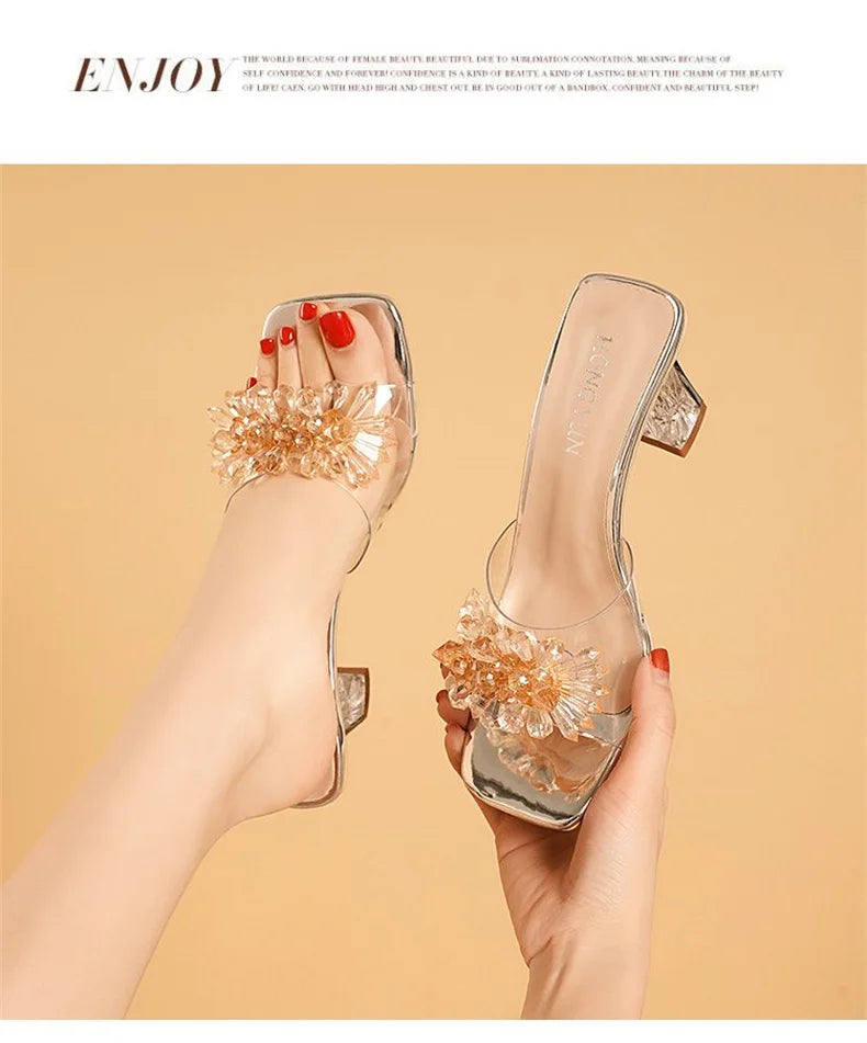 2023 Summer Square Head Open Toe Fashion Transparent Soft Flower Women's Slippers Crystal Heel New High Heel Sandals