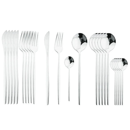 24Pcs Stainless Steel Cutlery Set Black Handle Golden Dinnerware Knife Fork Spoon Kitchen Tableware Gift Set