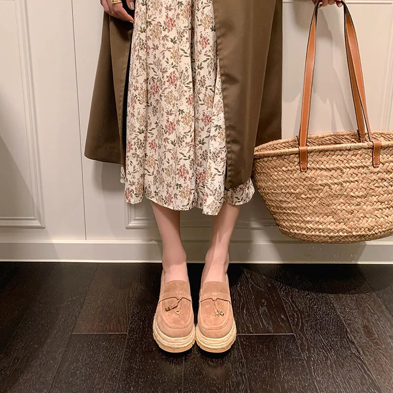 MKKHOU Fashion Loafers New High Quality Real Leather Suede Vintage Straw Braid Platform Shoes Daily Casual Light Shoes Neutral