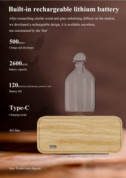 Rechargeable Essential Oil Diffuser Waterless Nebulizing Diffuser Electric Smell for Home Office Wood and Glass Aroma Diffuser