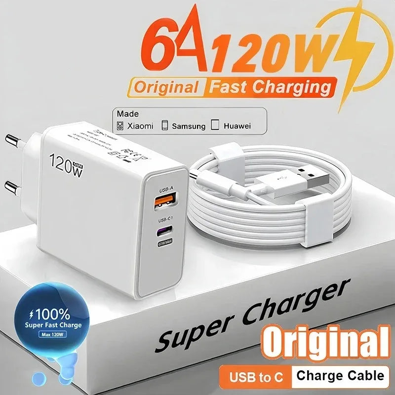 120W Type C USB Phone Charger Fast Charging Data Cable Mobile Phone Power Adapter For iPhone Xiaomi Huawei Samsung Wall Charger