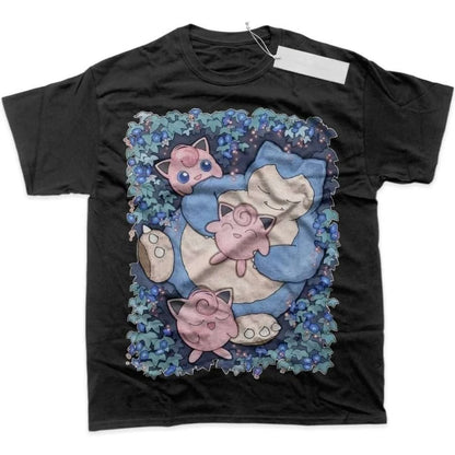 Men's T Shirt Men's Sports T Shirt Men's Short Sleeve T Shirt Pokemon Snorlax Sleeping with Two Jigglypuff on Blue Purple Leaf