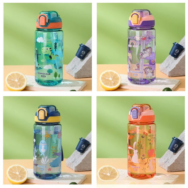 Dinosaur Themed Camping Bottle For Water Drinking Cup With Straw 600ml BPA Free Leakproof Kids Sports Bottle Lightweight Durable