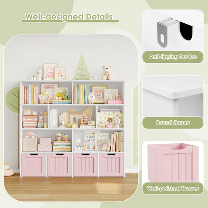 Getone Kids Toy Storage Unit Childrens Bookcase with 4 roller drawers 8 shelves Toy Organiser Kids Bookshelf for Nursery Playroom 125.5x33x118cm White/ Pink