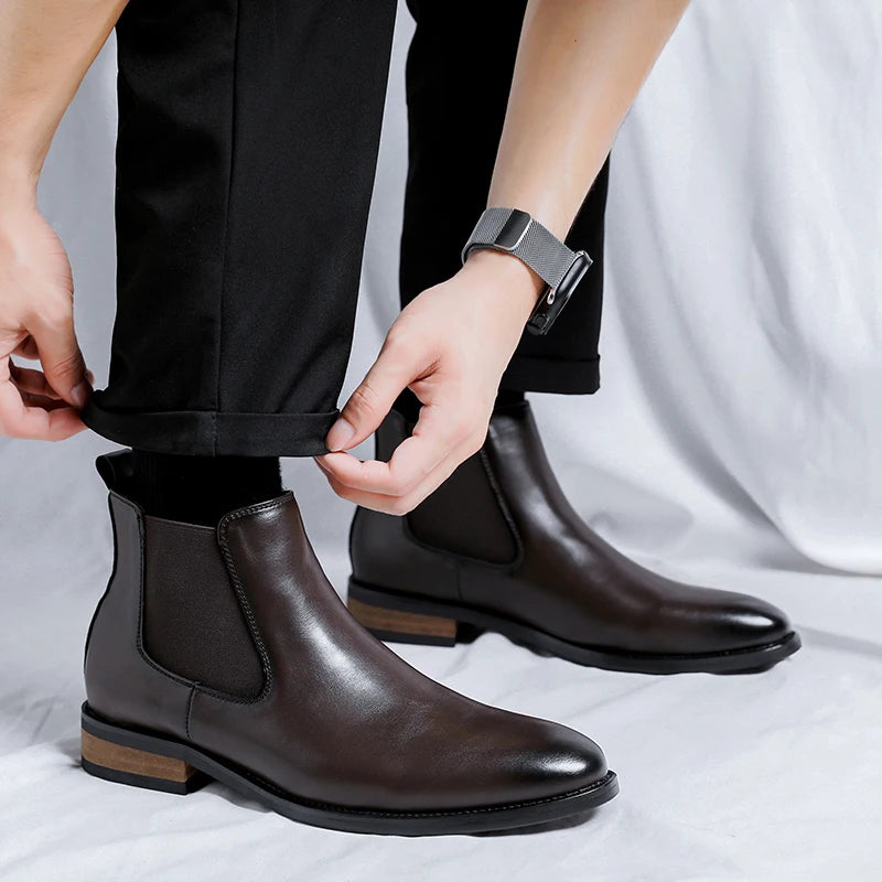 Genuine Leather Classic Men High Top Chelsea Ankle Boots High Quality Mens Casual Dress Business Shoes Comfy OutdoorBasic Boots