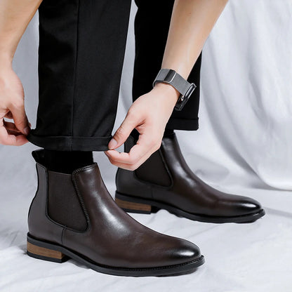 Genuine Leather Classic Men High Top Chelsea Ankle Boots High Quality Mens Casual Dress Business Shoes Comfy OutdoorBasic Boots