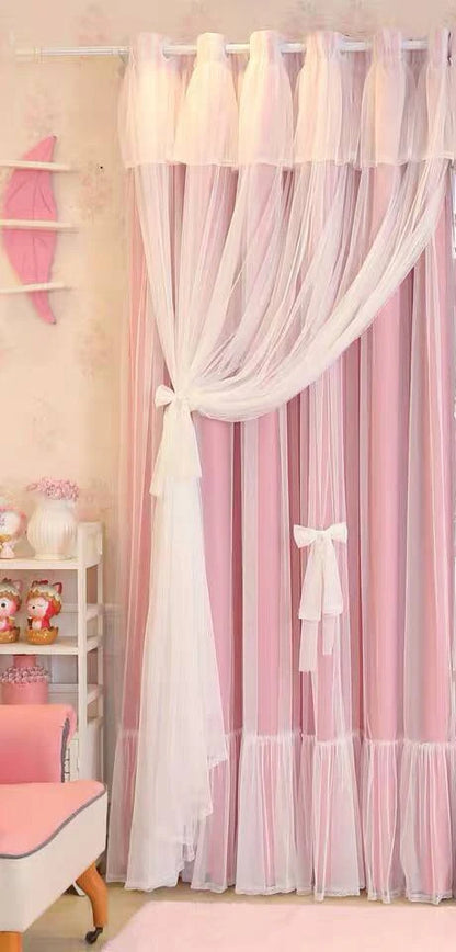 New Korean Style Pink Princess Style Double-layer Curtain for Girls' Bedroom Blackout Curtain for Living Room