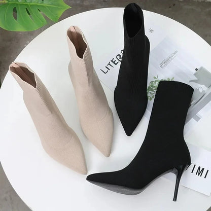 Comemore Knitting Stretch High Heels for Women Fashion Shoe 2025 Spring Autumn Ankle Boot Female Sexy Sock Boots Plus Size 34 42