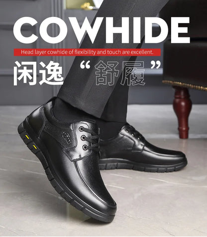 Autumn Men's Leather Shoes True Cowhide Flat Bottom Anti-Slip Plus Size Casual Elderly Father Shoes Rubber Sole China Made