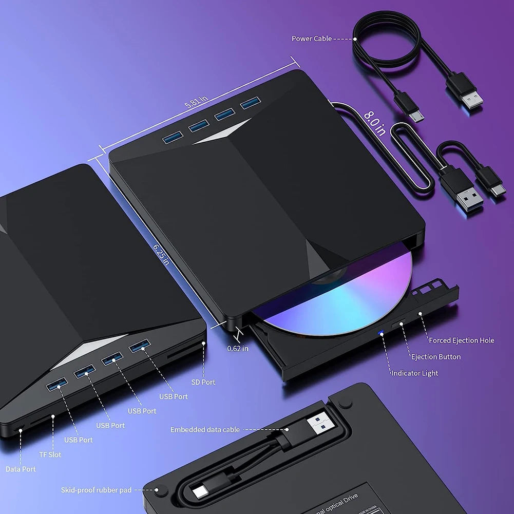 7 in 1 USB 3.0 Type C External CD DVD RW Optical Drive with SD/TF Port CD/DVD/BD -/+RW Player Burner Writer Reader for Laptop PC