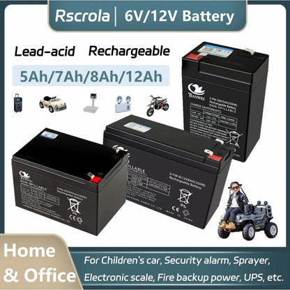Rechargeable 6V/12V Battery 5Ah/7Ah/8Ah/12Ah Long-lasting Lead-acid Battery for Children's Car,Security Alarm,Sprayer,UPS
