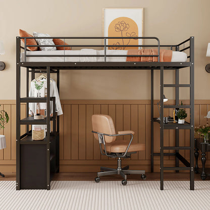 High bed 90 × 200 cm with crash protection, child bed with desk & USB, youth bed with shelves & open storage cabinet