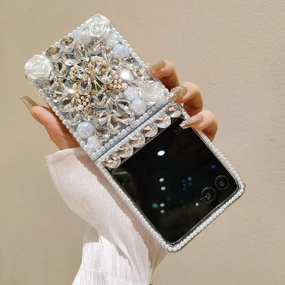 Luxury Crystal Pearl Elegant Butterfly Diamond Strap Phone Case Cover For Motorola Razr 50 60 40 Moto 2023 2024 2025 Plus Ultra