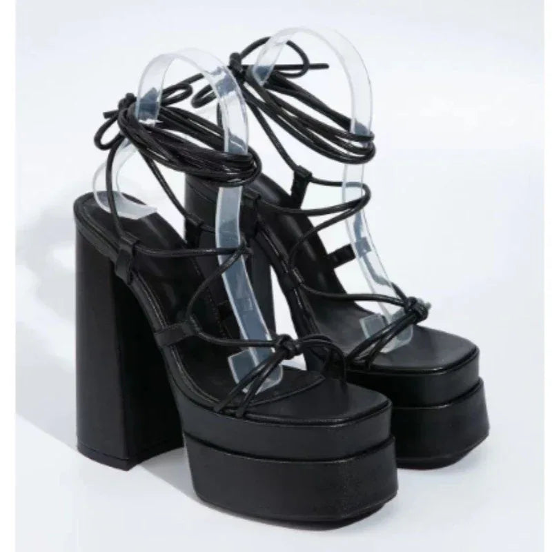 Women Sandals Brand New Sexy Chunky High Heels Pumps Platform Dress Shoes Party Wedding Shoes Cross Lace Up Female Sandals 2025