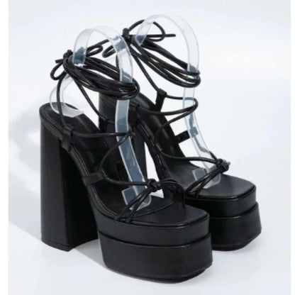 Women Sandals Brand New Sexy Chunky High Heels Pumps Platform Dress Shoes Party Wedding Shoes Cross Lace Up Female Sandals 2025