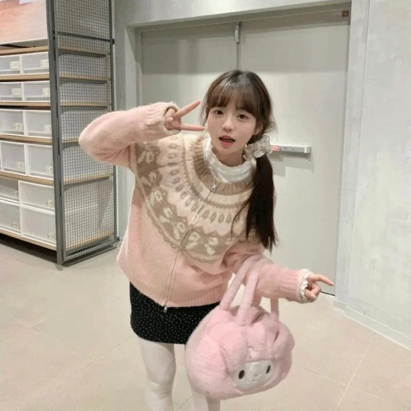 Cardigan Women Sweet Preppy Style Sweater Jacquard Knitted Soft Gentle Stylish Autumn Winter Outwear All-match Harajuku Chic