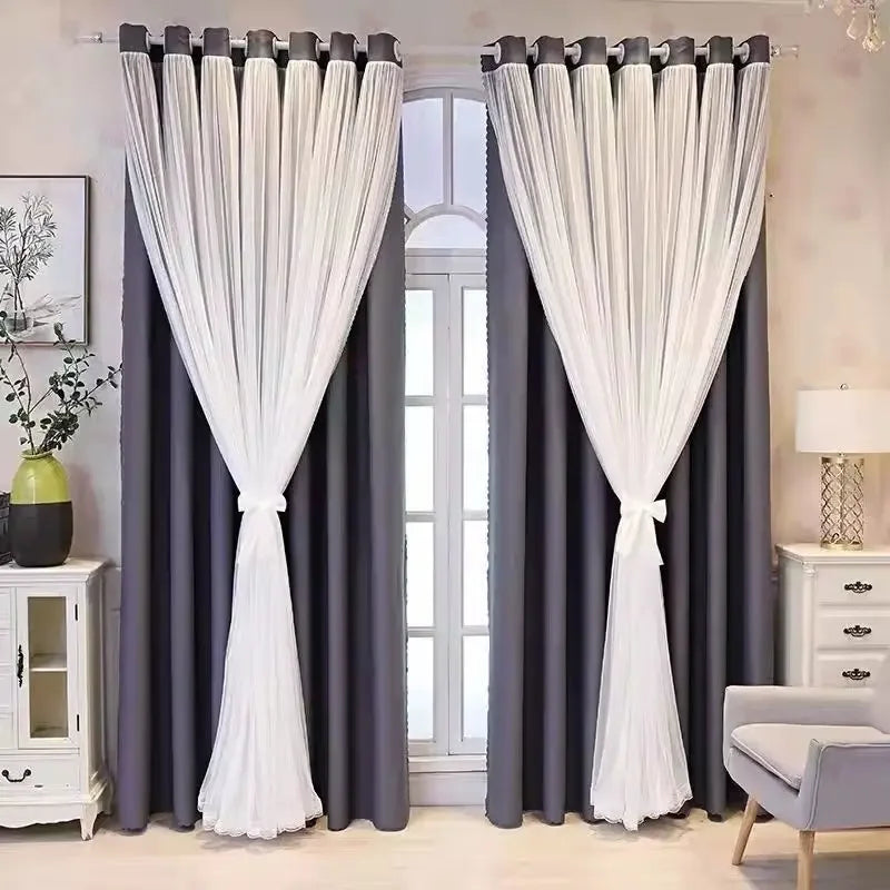Nordic Style Solid Color Cloth Yarn Integrated Blackout Curtain Modern Bedroom Shade Curtains Living Room Luxury 나비주름 커튼 Шторы