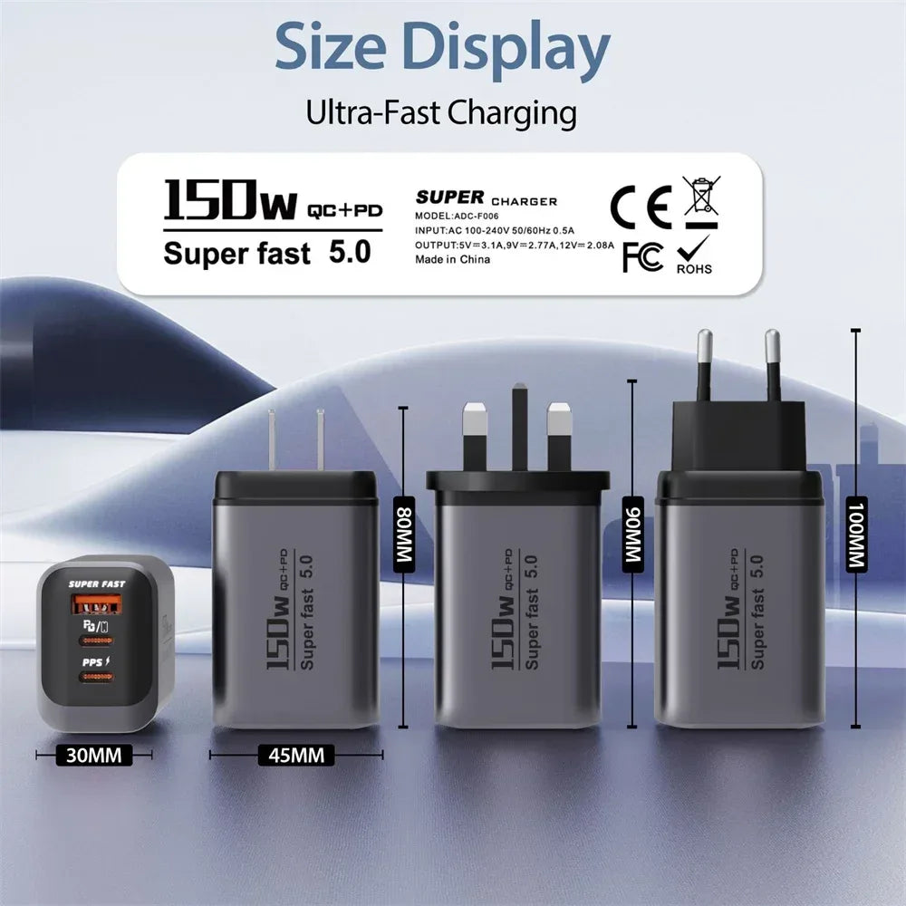 Multi Ports USB Type C Fast Charger 150W Super Charging Wall EU/US/UK Plug Charger Quick Charge3.0 USB Adapter PD3.0 Charge Head
