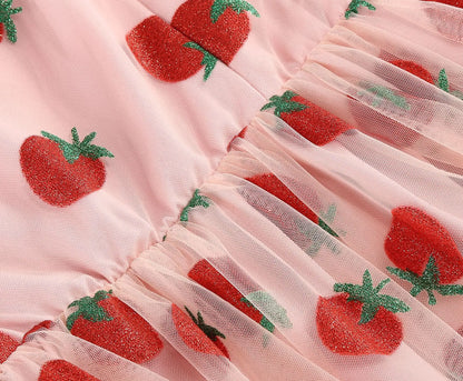 Knot Strap Strawberry Patchwork Vintage Dress 2025 Heart Flocking Valentine's Day Dress Women Birthday Party Pleated Mesh Dress