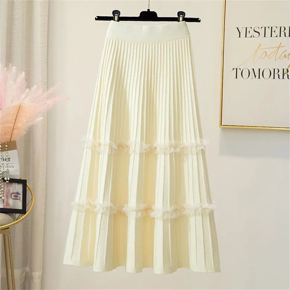 Lace Ruffle Mesh Patchwork Knitted Midi Pleated Skirt Women 2024 Autumn Winter High Waist Umbrella Solid Skirt A-Line Long Skirt