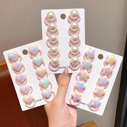 10/20/30PCS Children Girls Pearl Hair Ties Heart Star Shaped Elastic Stretchy Hair Bands for Toddler Kids Girls Ponytail Holder