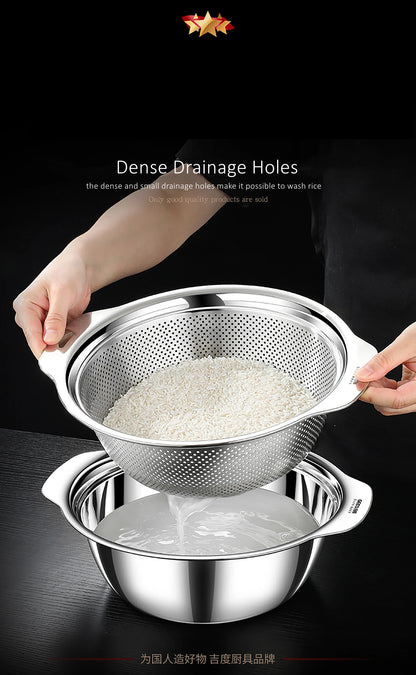 LFGB Certification Kitchen Fruit Vegetable and Rice Washing Basin 23~31cm Diameter Dense Drainage Hole Colander with Side Handle