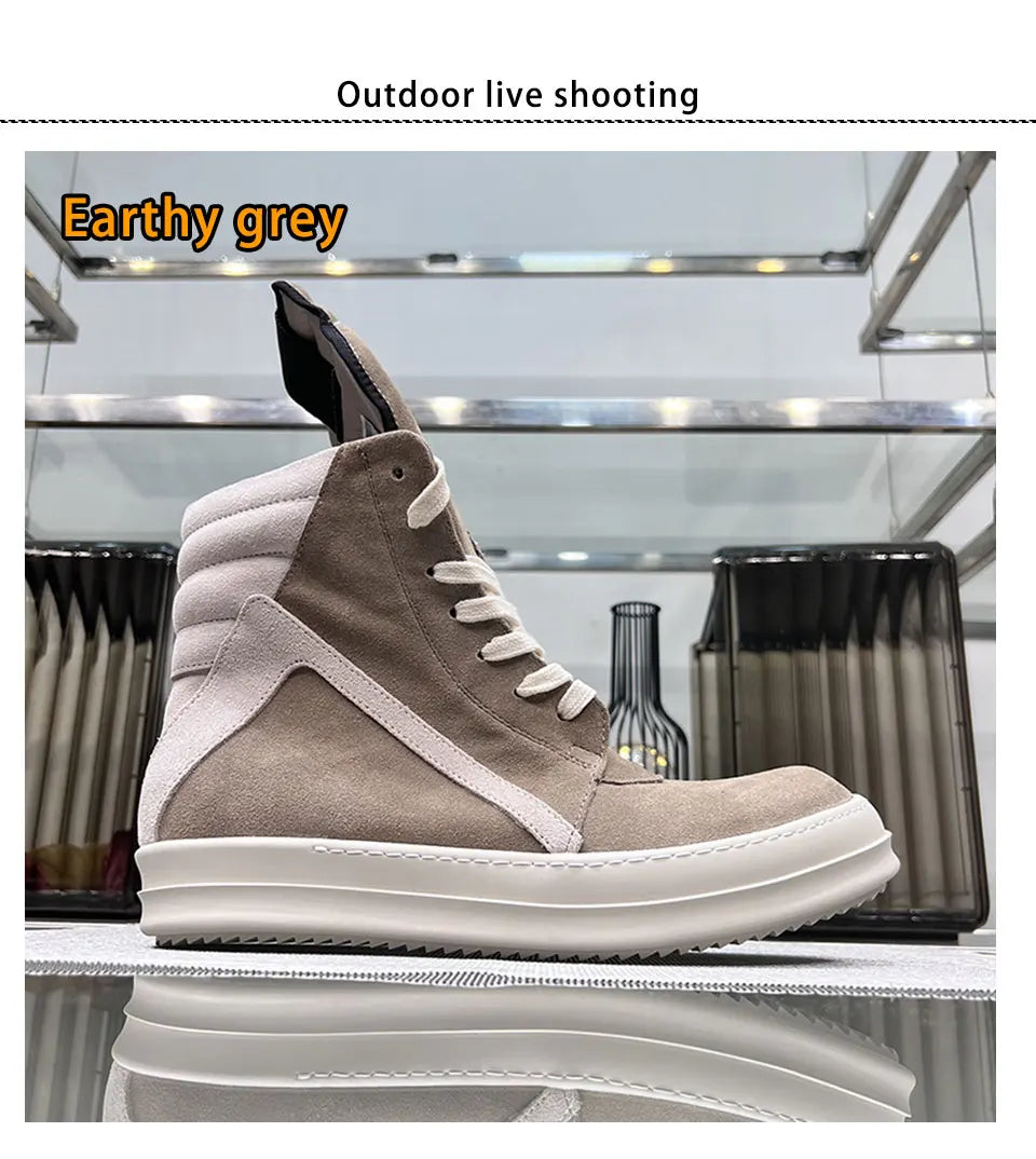 Ro Shoes Men Leather 2025 New Earthy Grey Cow Suede Lace Up Zipper Thick Sole Luxury Geo Women Street Hip-hop Casual Flat Boots