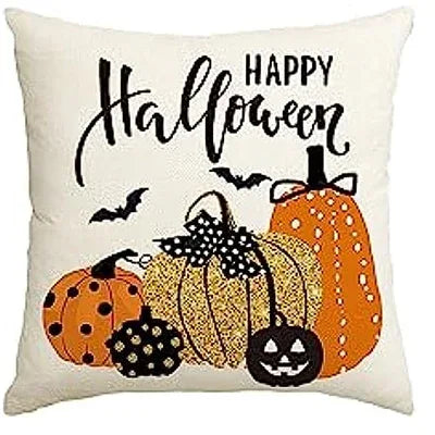 Linen Square Pillow Cover Pumpkin Cat Happy Halloween Trick Or Treat Autumn Decorative Sofa Cushion Cover Living Room