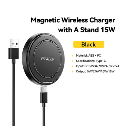Essager Magnetic Wireless Charger With Holder 15W Fast Charging For iPhone16 15 14 13Pro Max Airpods Mini Wireless Phone Charger