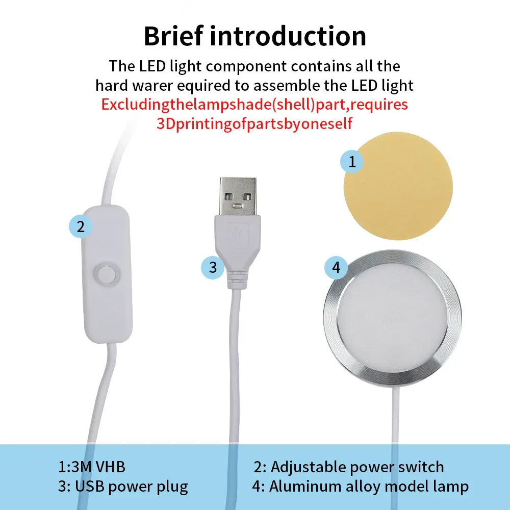3D Printer DIY Model LED Lamp Kit 001 For Bambu Lab A1/A1mini/P1S/P1P/X1C USB White/Cold/Warm Light For Bambu Lab LED Lamp Kit