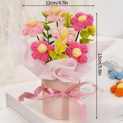 DTCTK Knitted Flower Bouquet Crochet Rose Flowers Hugging Bucket Christmas Gifts Living Room Desk Decoration Valentine's Day Gif