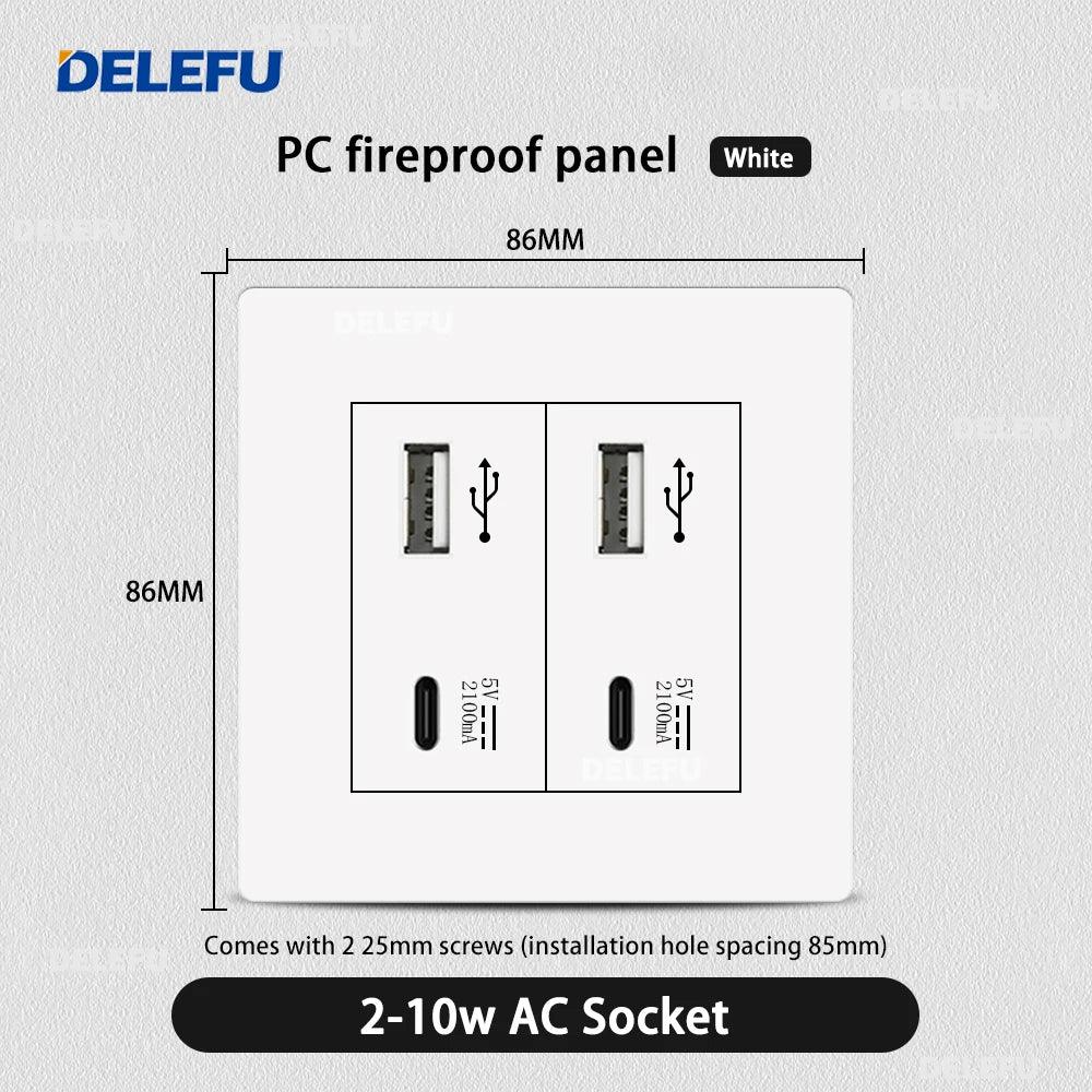 DELEFU86 PC White Flame Retardant Panel Italy Standard Wall Socket USB Type C Socket German Italian Socke EU Socket