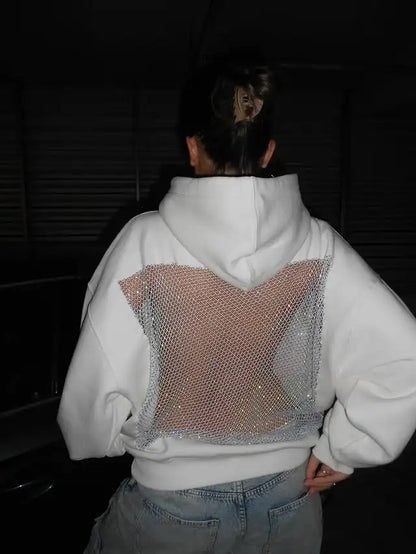 Russias Hot Selling Sexy Backless Sparkling Rhinestone Mesh Hoodie Y2K Womens Harajuku Fashion Oversized Hoodie Pullover Tops